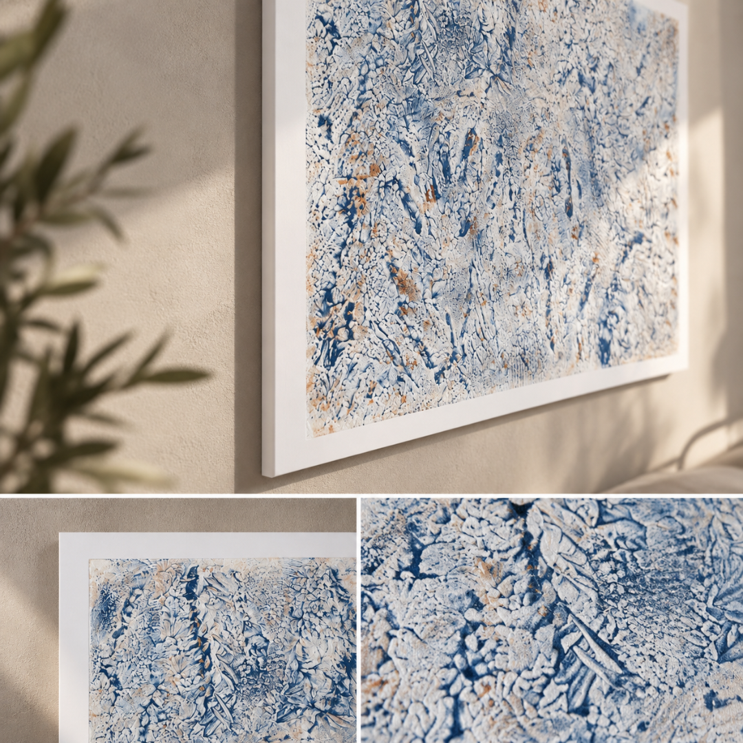 Neris Mavi Beyaz Soyut Dokulu Tablo – 50 × 70 cm