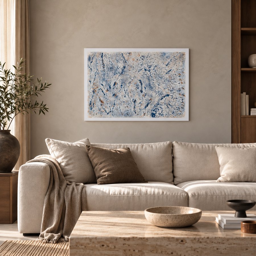 Neris Mavi Beyaz Soyut Dokulu Tablo – 50 × 70 cm